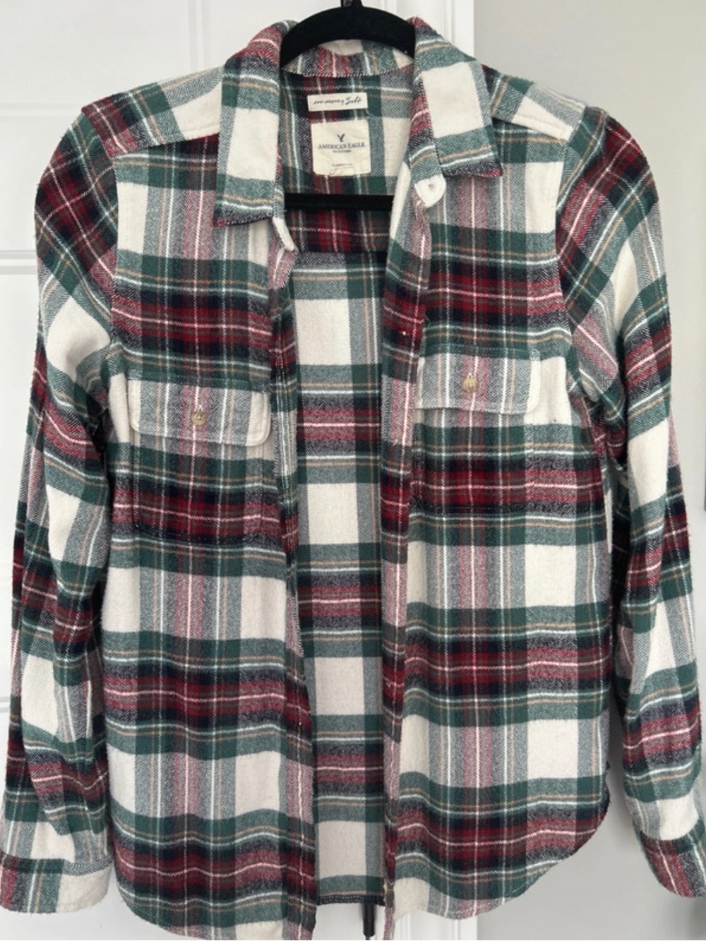 American Eagle Women’s Plaid Button-Up Flannel Shirt - White, Green & Red